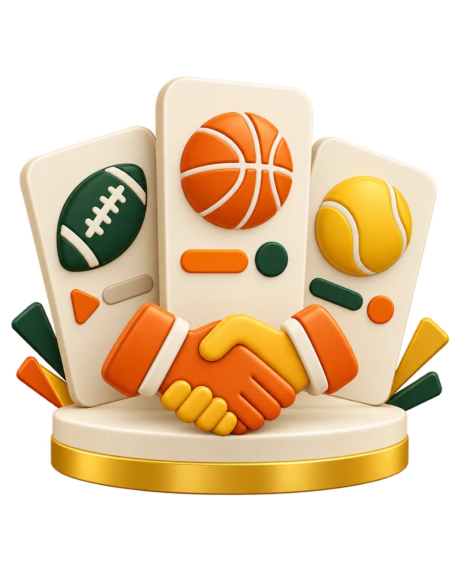 Three sports brand panels above a partnership handshake