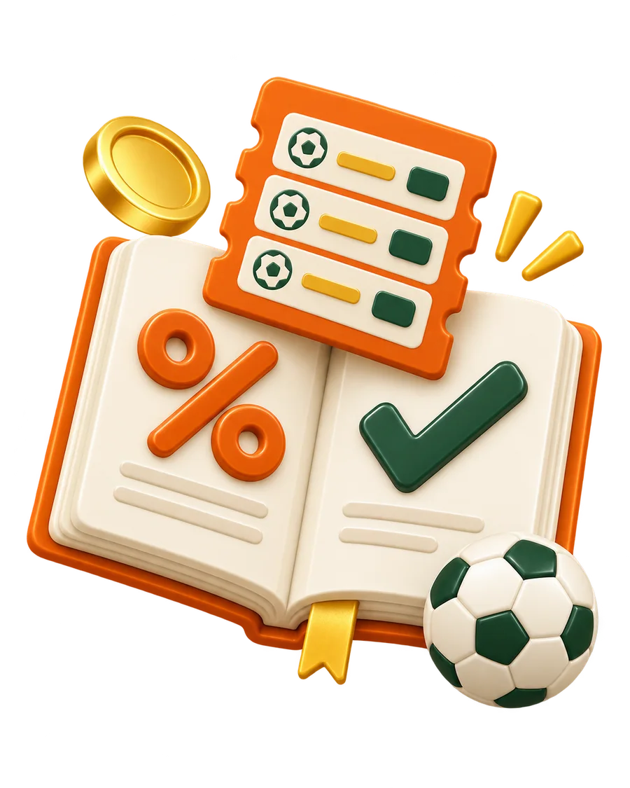 Open guidebook with a betting odds slip, bonus symbol and checked offer