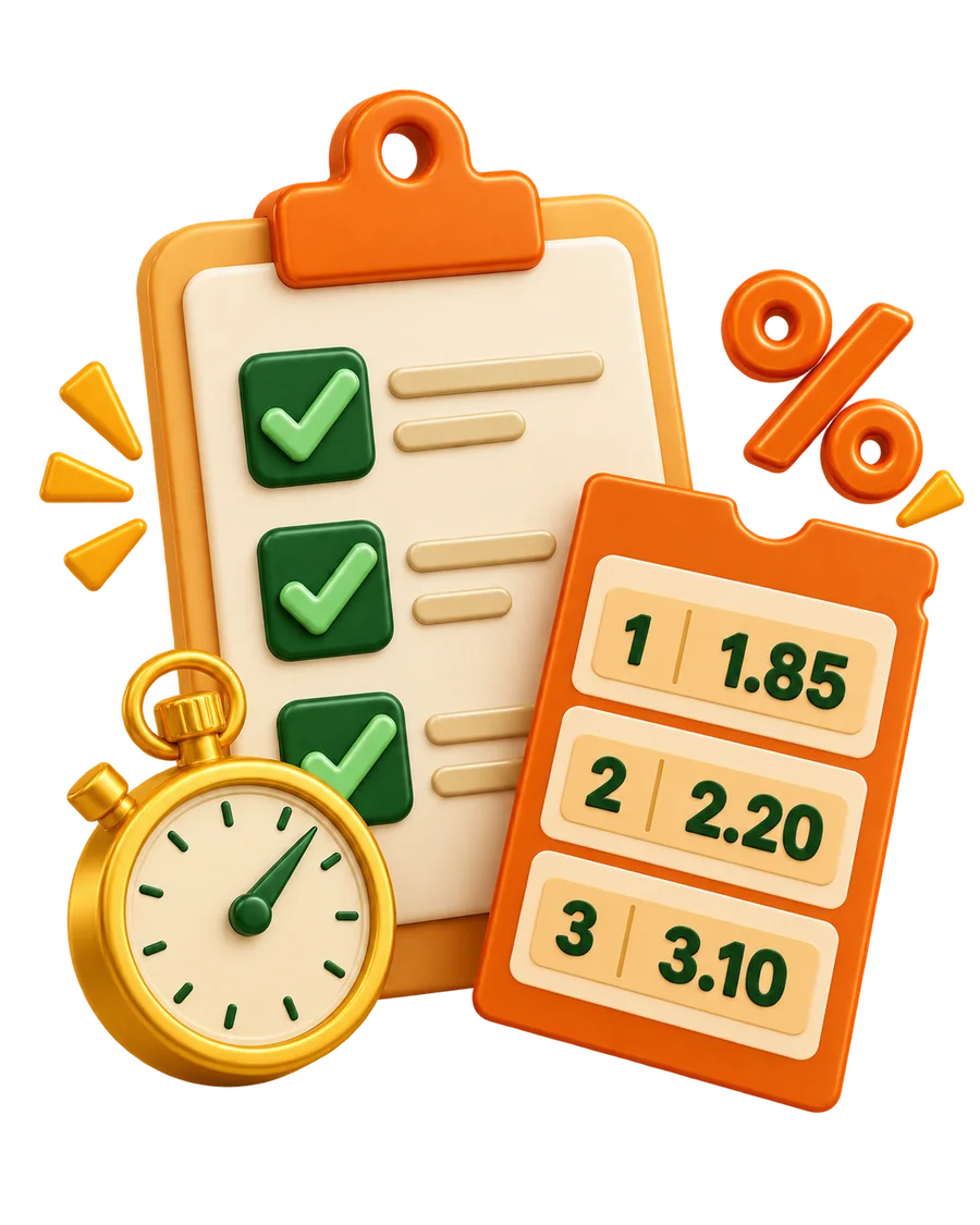 Checked offer review list beside a betting odds slip and stopwatch
