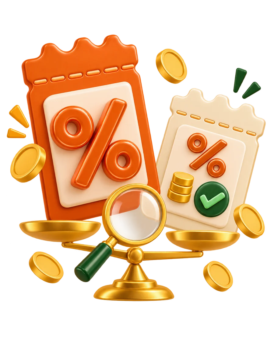 Two percentage offer tickets being compared with a magnifying glass
