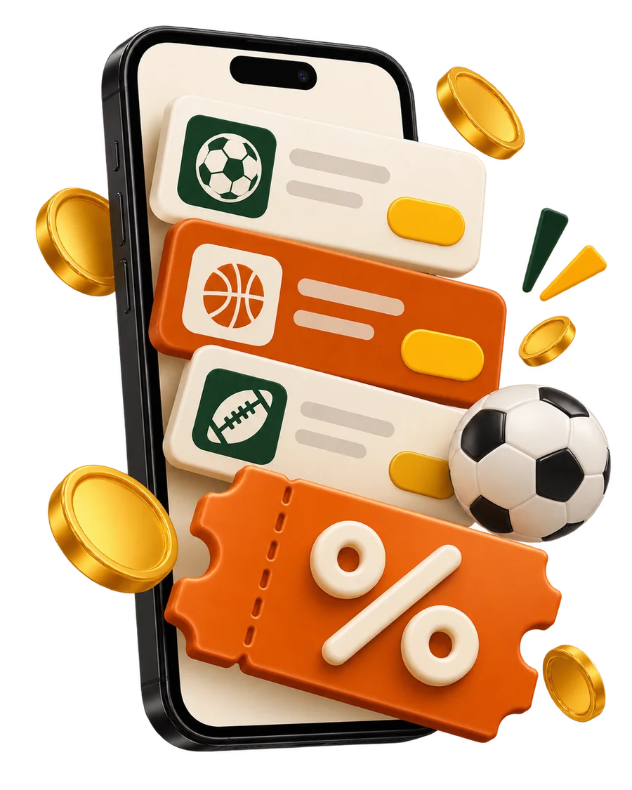 Sports offer cards, a promo ticket and a football emerging from a phone