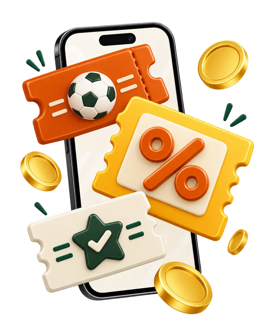 Football, bonus and reward tickets arranged around a phone